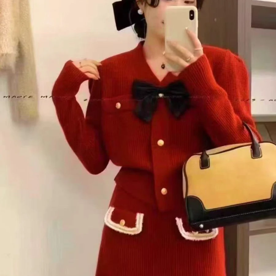 小香风毛衣开衫半身裙两件套装女士新款蝴蝶结针织上衣