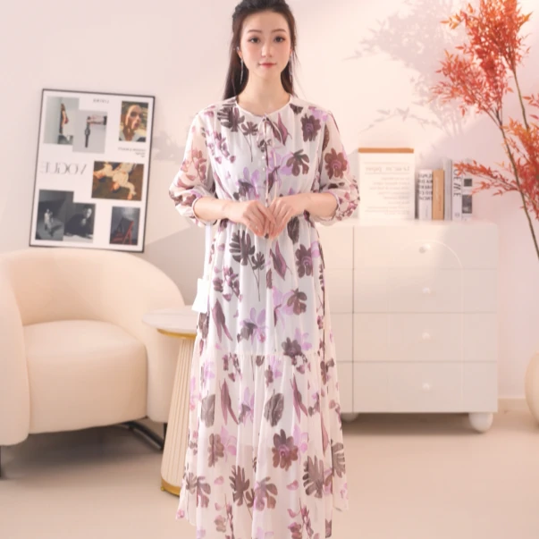 H287朗Z秋季新款高级感法式印花收腰灯笼袖连衣裙