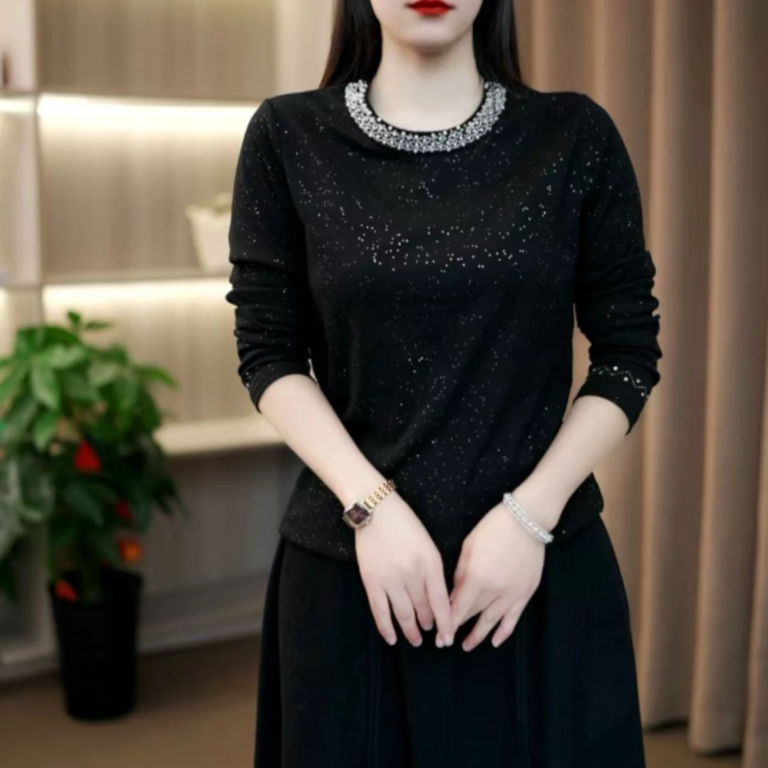 秋冬棉加绒T恤常规圆领长袖黑色时尚洋气网红修身型显瘦法式-0