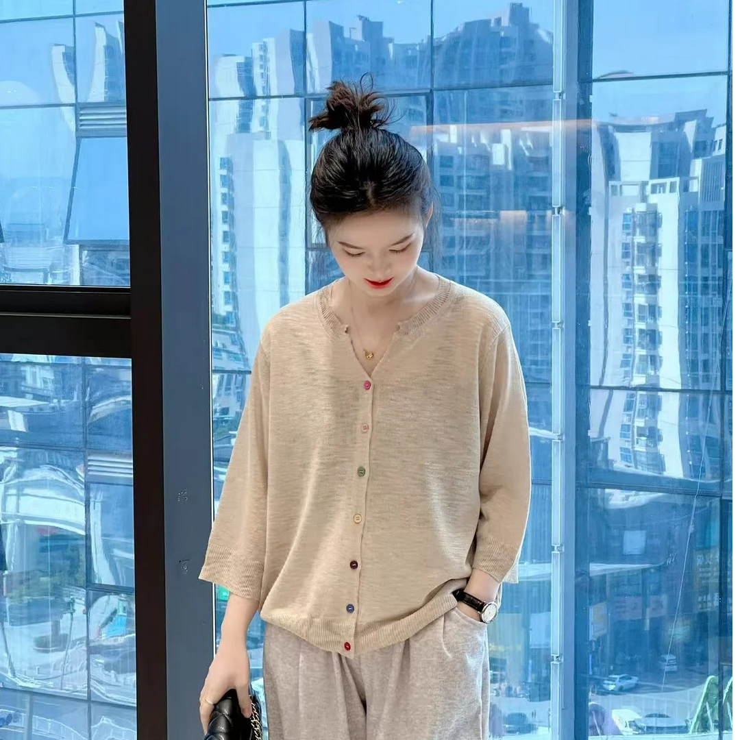 普拉那   570 简约纯色亚麻春夏季彩色纽扣V领百搭显瘦薄款上衣