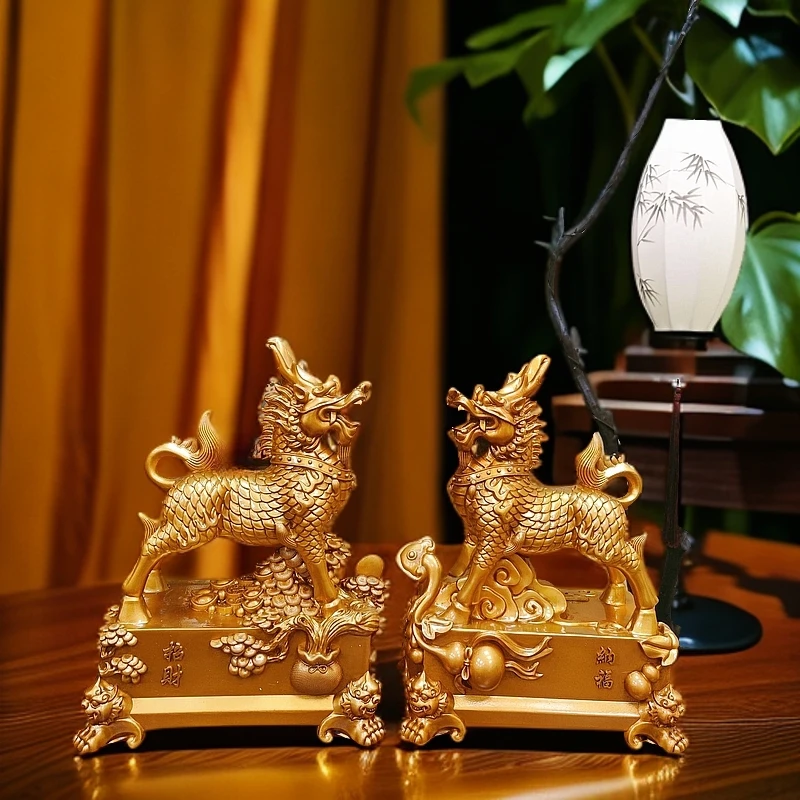 MLMH  鎏金铜麒麟摆件中式玄关客厅电视柜摆件（长28宽16高38cm）