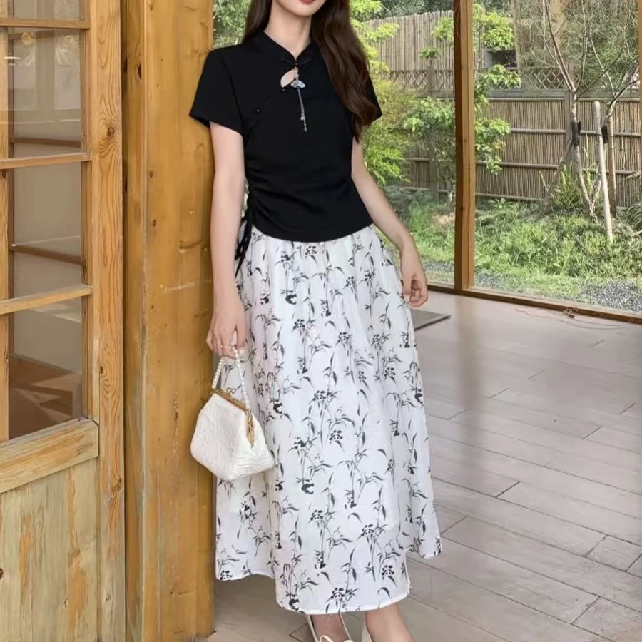 悦享服饰2025夏季新款中国风天丝半身裙松紧腰熊猫印花百搭半裙