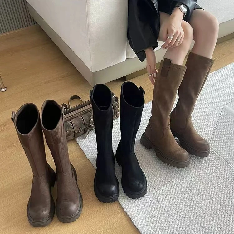 秋冬新款韩版通勤瘦瘦简约厚底裸靴长靴72-7817(薄绒)