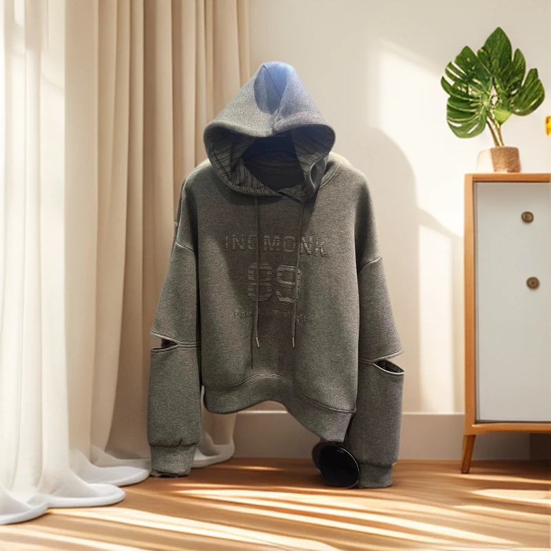 十三行高品质韩版宽松长袖连帽卫衣女字母绣花拼接条纹袖百搭上衣