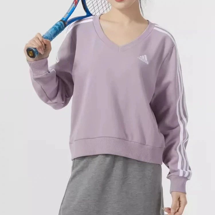 阿迪达斯~V领卫衣女装春季新款运动服灰紫色长袖套头衫IR5302