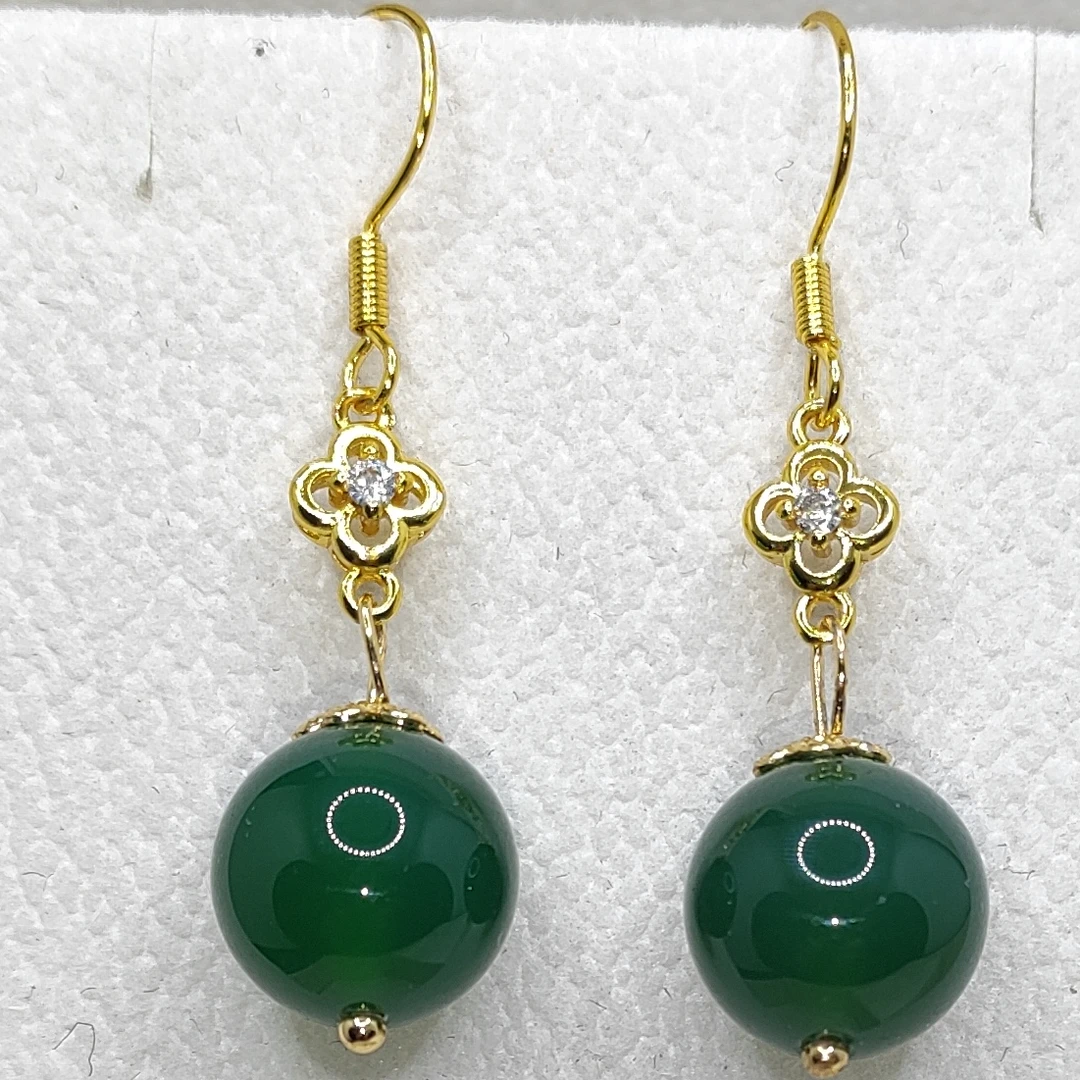 1010天然玉髓冰透绿玛瑙圆珠耳坠d