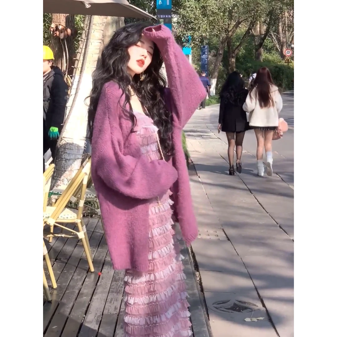 大码女装韩版宽松遮肉吊带长裙秋季新款法式开衫外套显瘦连衣裙