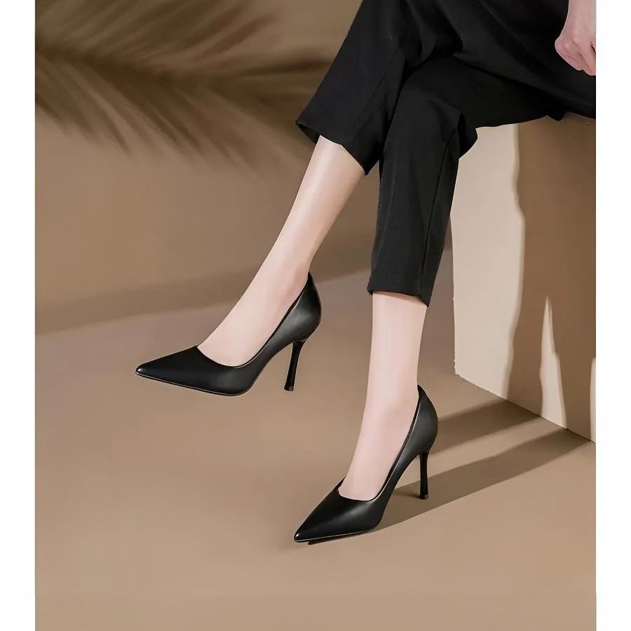 黑色高跟鞋女2024年春季新款软皮尖细跟法式工作鞋职业高跟女鞋