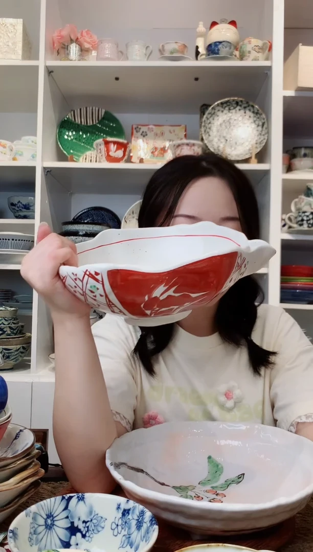 陶瓷濑户烧手绘赤绘尖嘴碗23cm