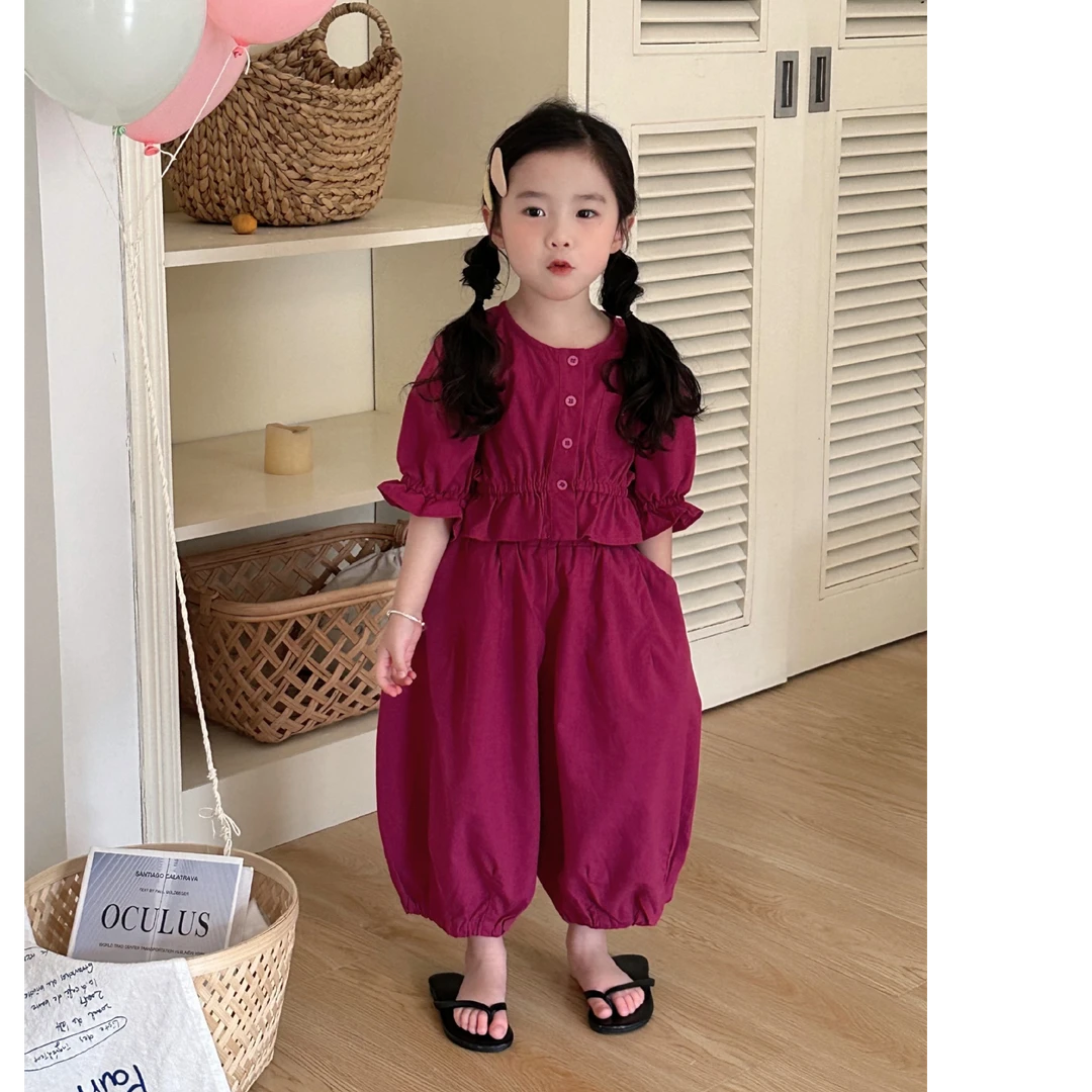 【现货】2025夏女童纯色短袖套装韩版宝宝洋气泡泡袖灯笼裤两件套潮