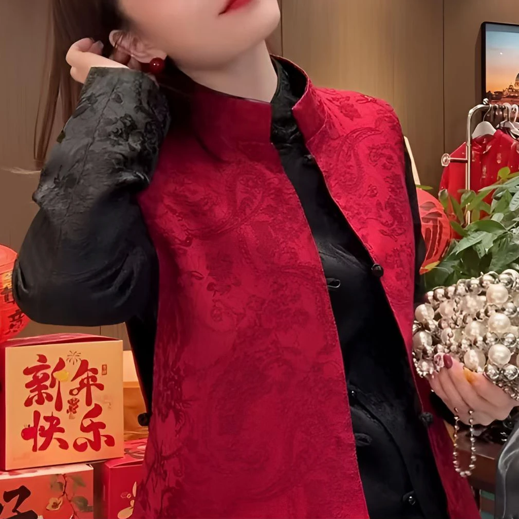 双面穿马甲新中式百搭款马夹定制提花面料网红时尚女士红色