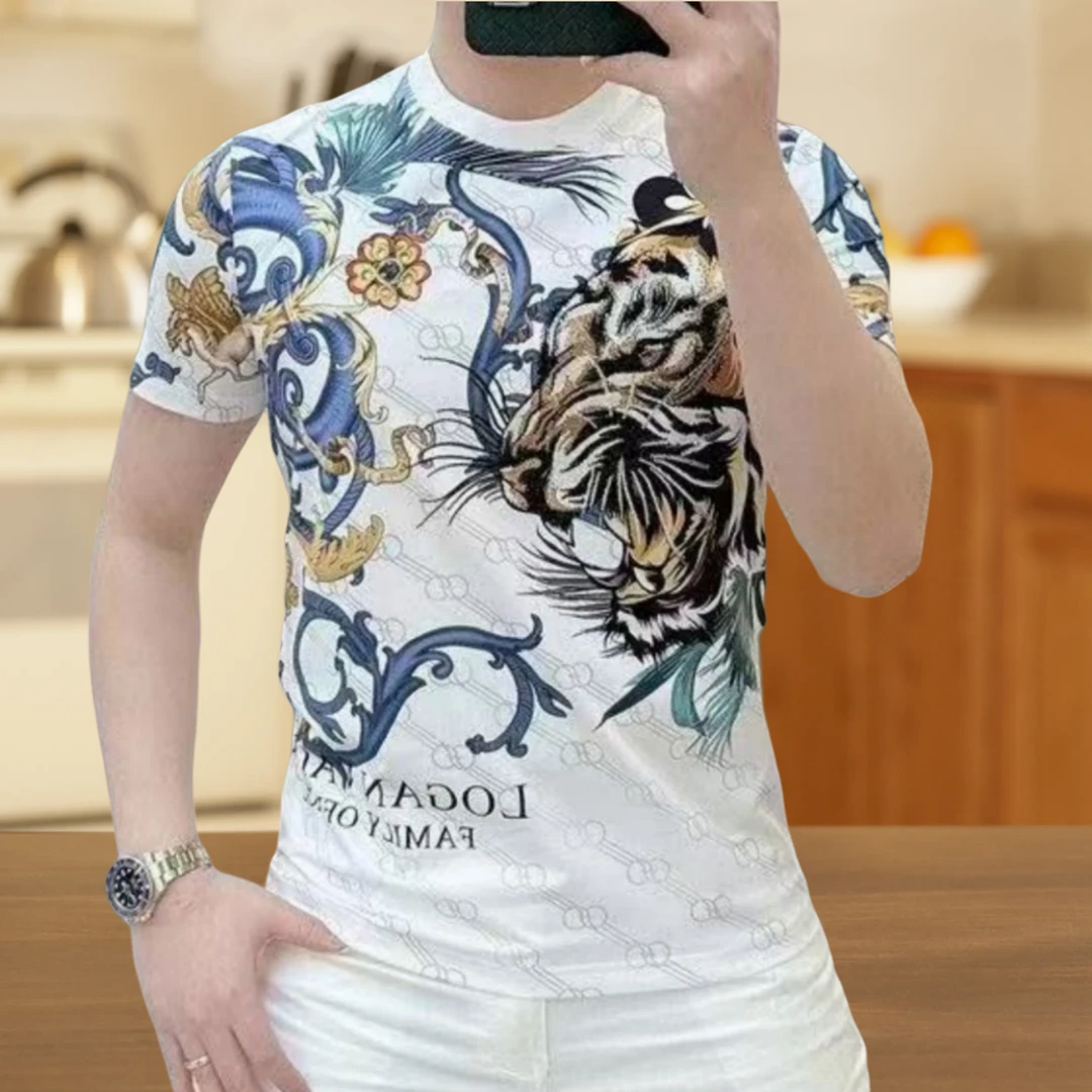 新款2025年夏季男士圆领短袖T恤潮流修身热转印老虎轻奢时尚帅气