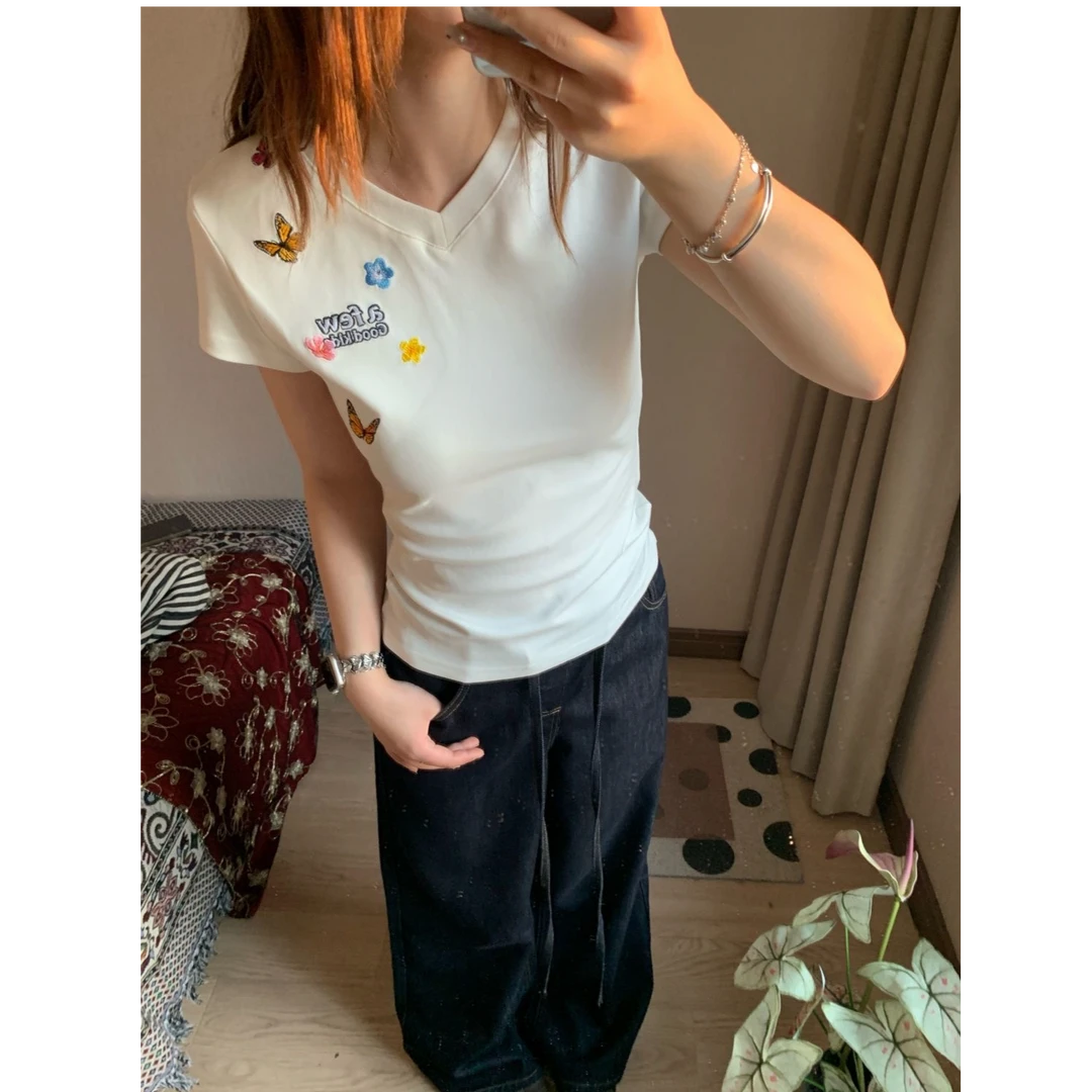 【UBKA】蝴蝶印花正肩短袖T恤女夏新款修身显瘦圆领设计感小众上衣