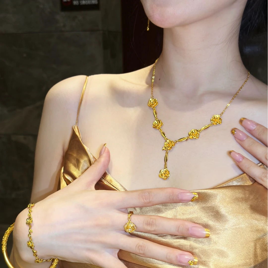 铜合金项链 新中式Y字山茶花项链女复古新娘锁骨链颈链