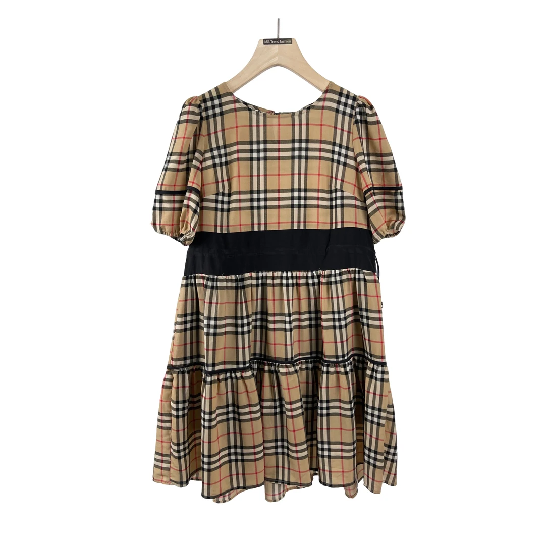 【H402格子小个子夏季圆领连衣裙洋气款女士