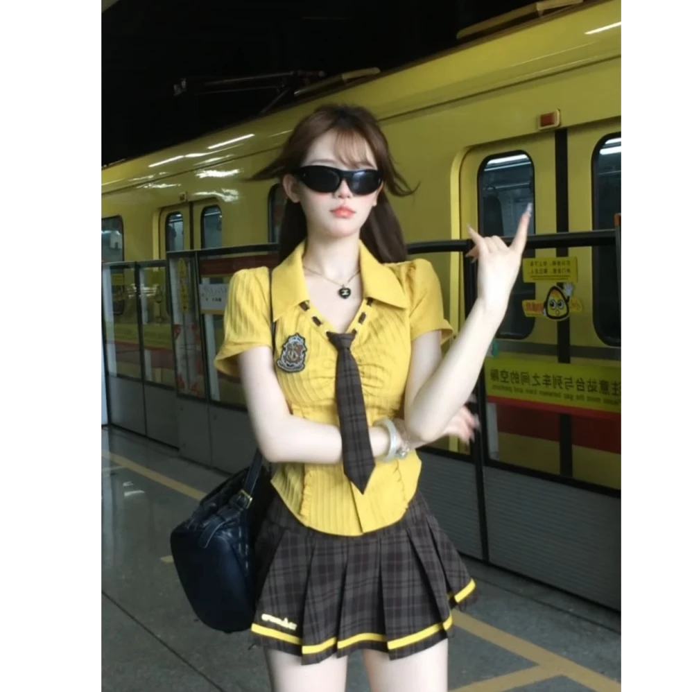 【美式学院】甜美套装夏季修身显瘦纯欲学院风衬衫上衣+半身裙套装