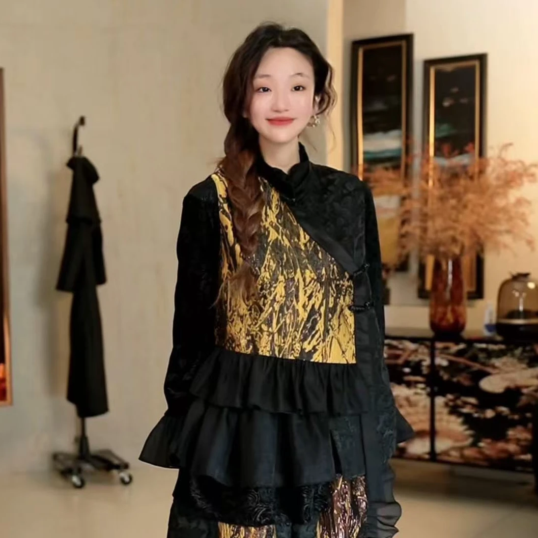 1866篱君春夏新款盘扣提花时尚马甲国风黑色中式旗袍显瘦轻奢马甲