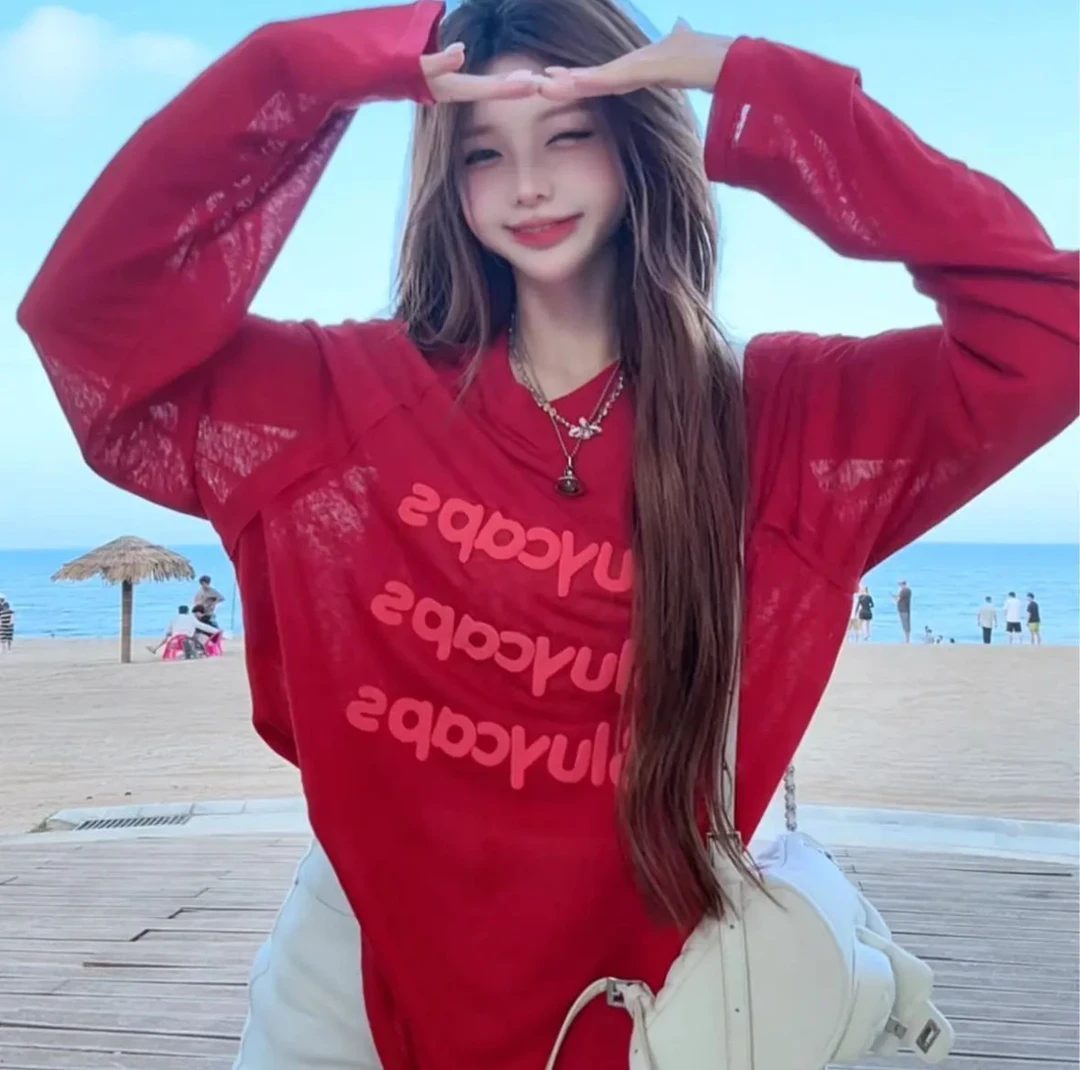 夏季长袖薄款透气防晒罩衫少女慵懒风宽松上衣百搭显瘦T恤红色ins