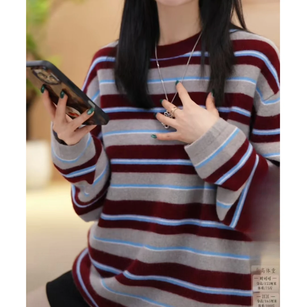 [叶可可] PAMIR秋冬新款女士圆领羊绒条纹针织衫 HLR240