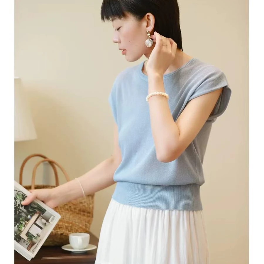 【晴姐】M2150 黄色圆领天丝亚麻薄款针织衫