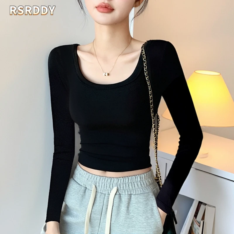RSRDDY黑色短款圆领长袖T恤女春秋冬高腰打底衫内搭轻奢韩式上衣