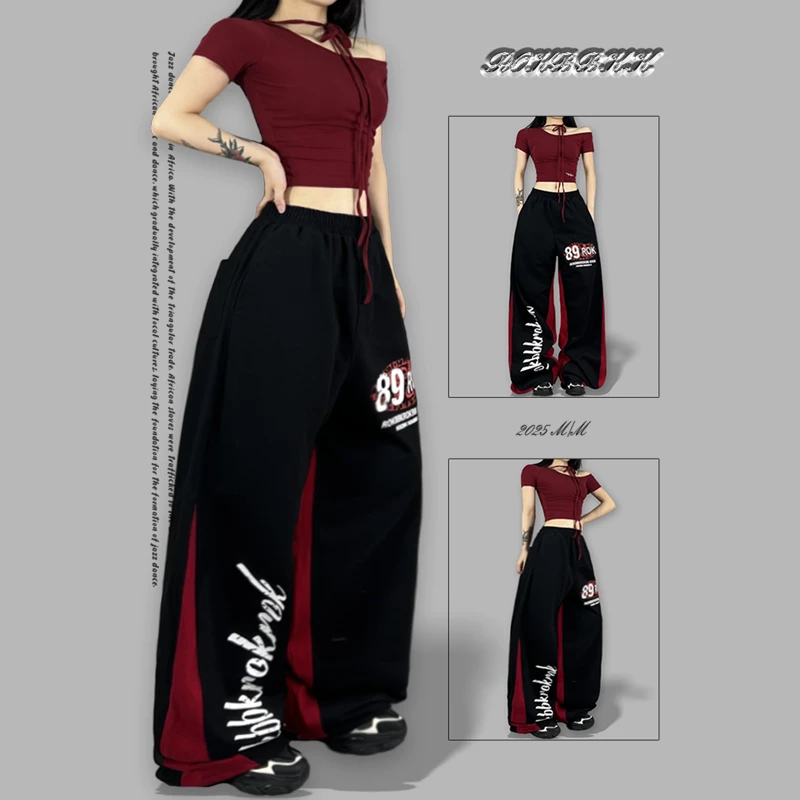 ROKBBK-K街舞潮牌2025新款拼接印花美式运动爵士舞长裤女