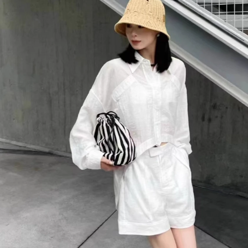 春季新款韩版休闲宽松大码女设计师款衬衣衬衫短款两件套1684SZ07
