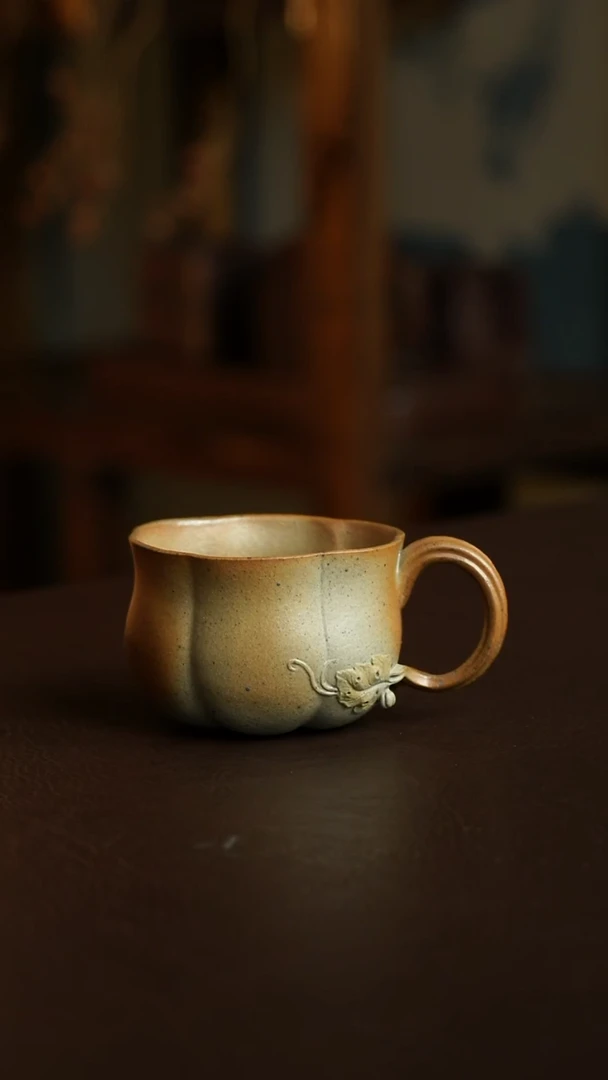茶杯紫砂42号 孤品柴烧南瓜把杯 宜兴紫砂原矿作品