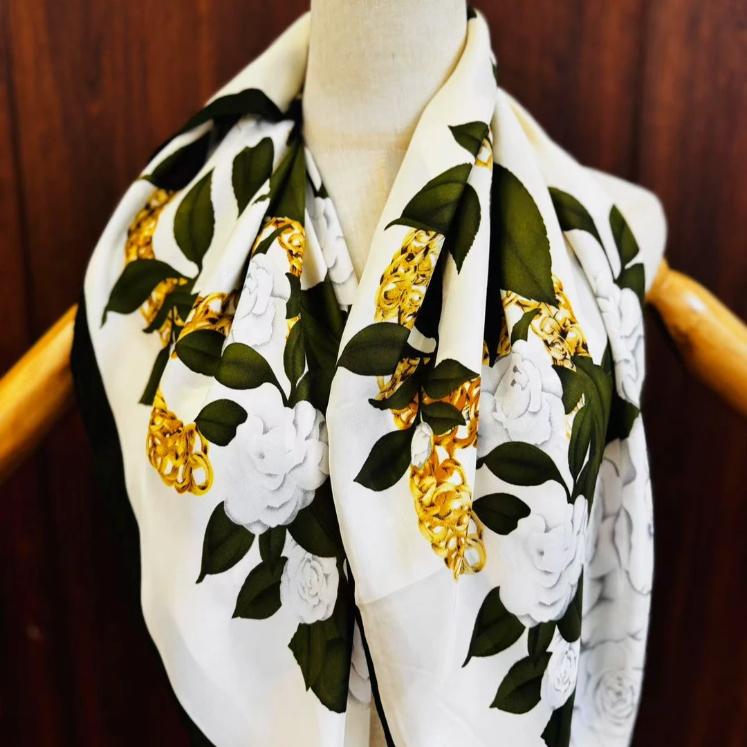 【静雅山茶花 】丽锦锻90x90尺寸透气百搭舒适精致丝巾