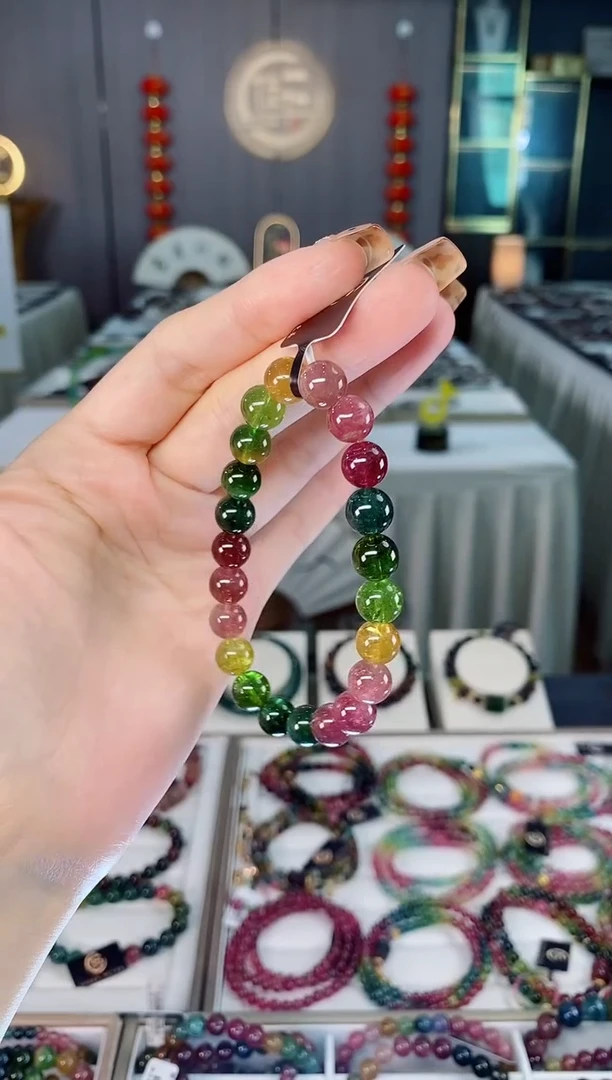 未镶嵌老矿碧玺色标彩虹高透单圈手串8mm+碧玺dan多样性发货一条