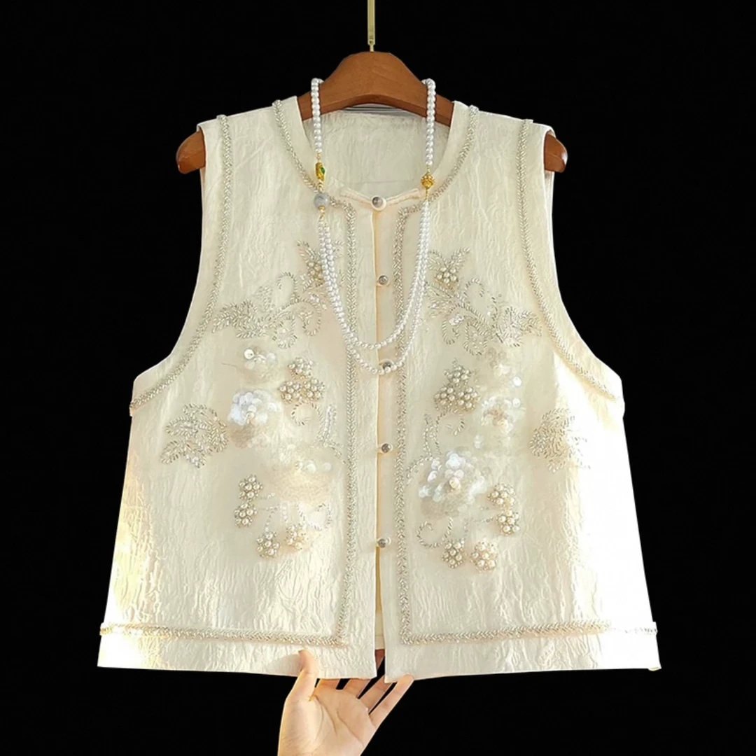 轻奢重工亮片钉珠刺绣国风马甲背心女春装复古盘扣轻中式提花上衣