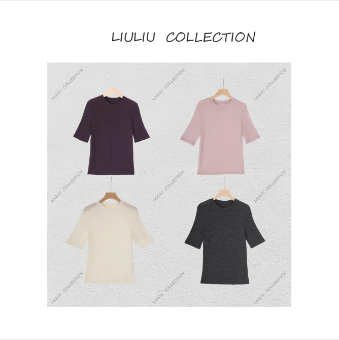 【绵爽】有弹力纯色立领T恤 精纺 羊毛针织薄款多色半袖上衣 女F60