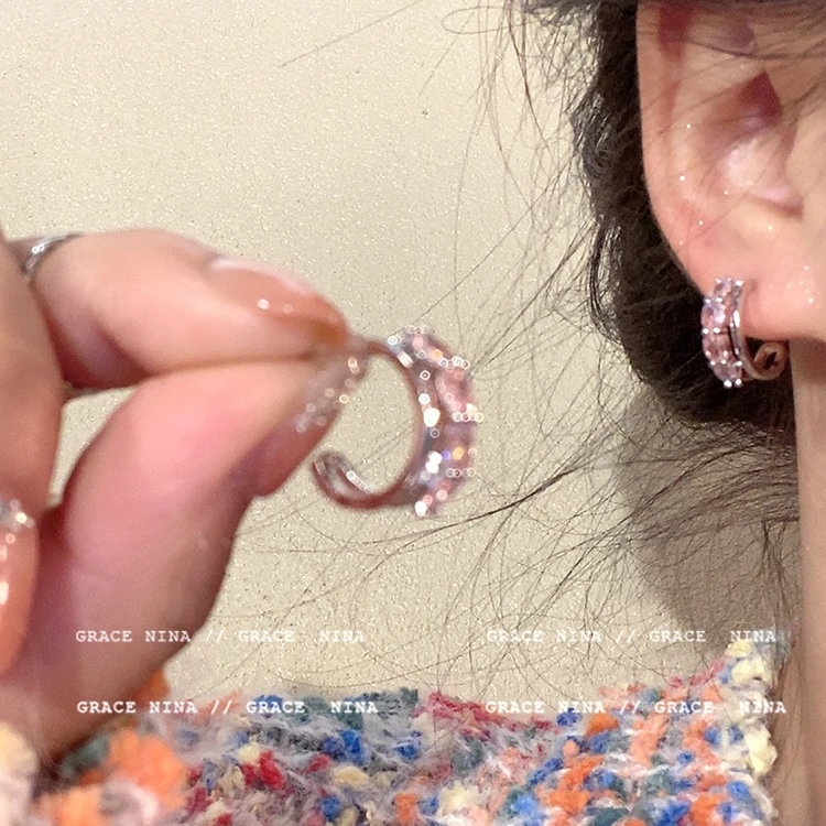 合金耳饰 在逃甜心~粉色双层C形耳钉轻奢高级感耳环女耳圈耳饰