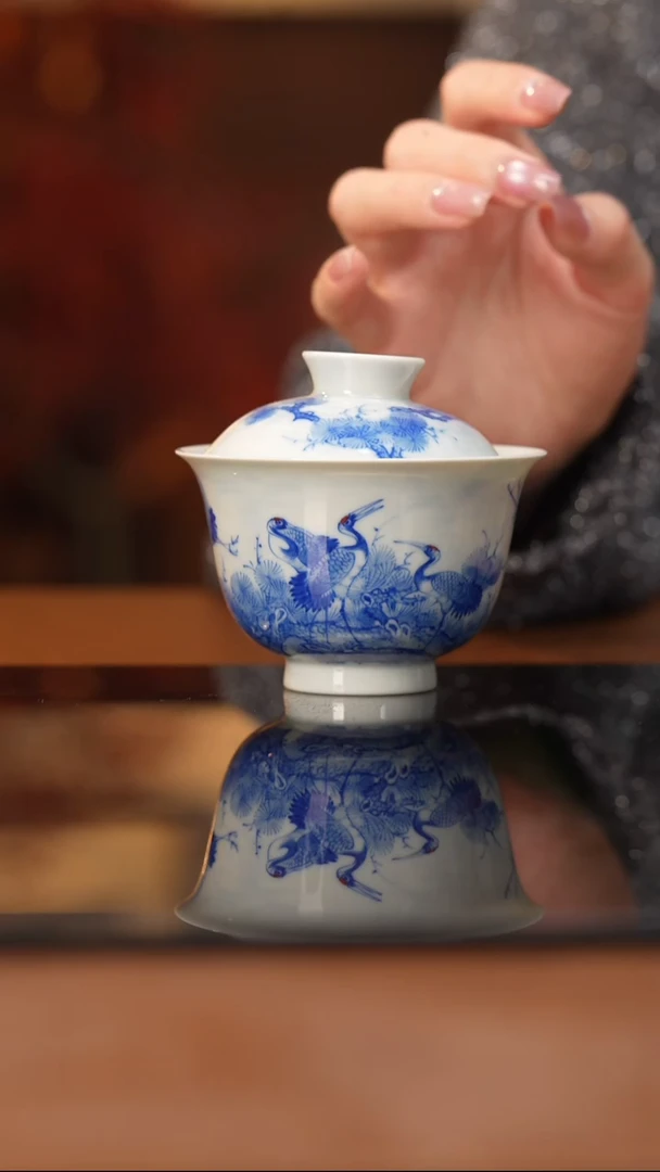 杯R*n看山柴窑青花仙鹤