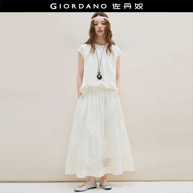 【设计师款】佐丹奴新款绣花收褶小飞袖衬衫提花松紧腰半身裙套装