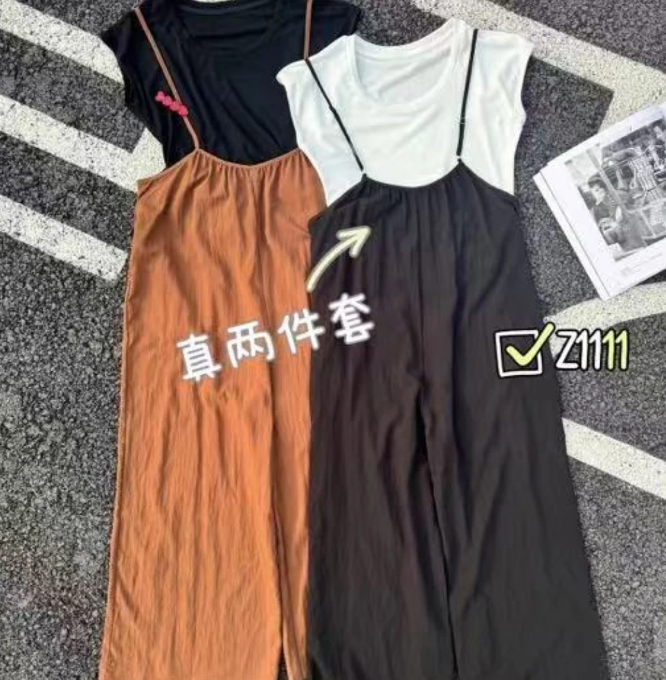 430/1111/139-9  吊带阔腿裤+无袖T恤两件套显瘦套装