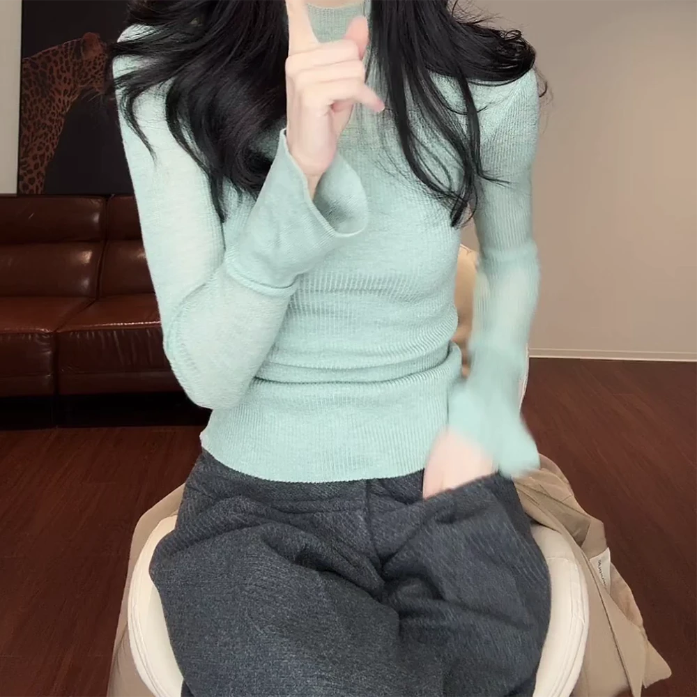 秋季新款网纱拼接长袖毛针织衫半高领打底上衣 C6352