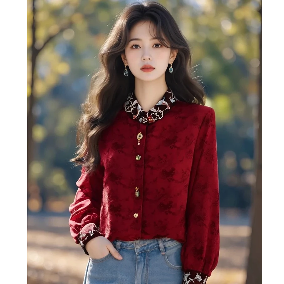 重工刺绣玉珠衬衫显瘦气质长袖复古法式设计感【诺贝6225】