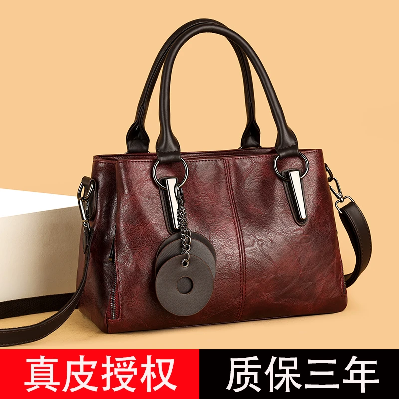 真皮手提包波士顿包女士2025新款复古三层牛皮大容量单肩斜挎包女