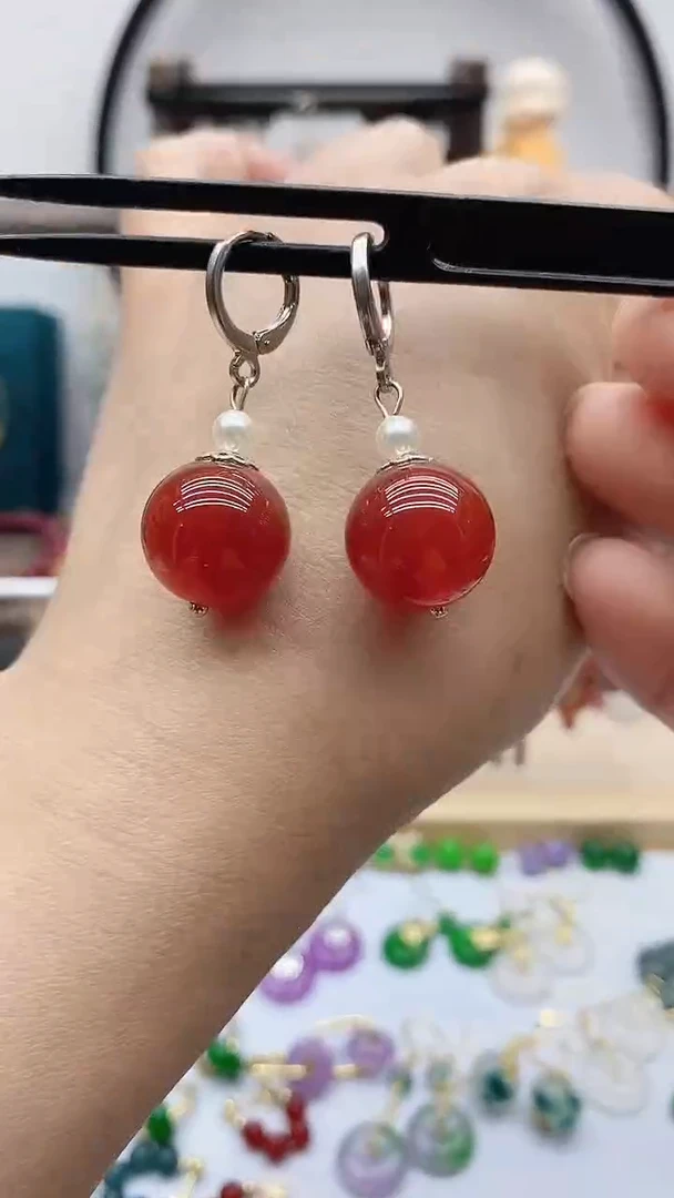 银S925镶嵌南红玛瑙耳饰194
