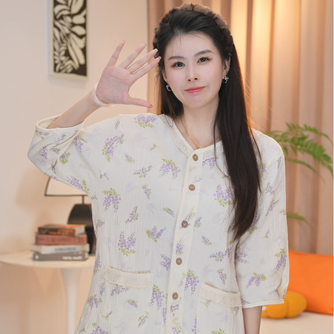【纯棉】2025夏款女士款舒适时尚纯棉睡衣可外穿长袖家居服薄款AYR