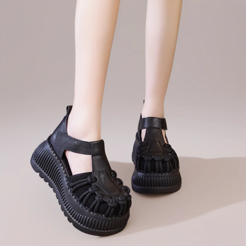 小众厚底8厘米罗马凉鞋女2025 夏季松糕包头女鞋新款真皮复古罗马