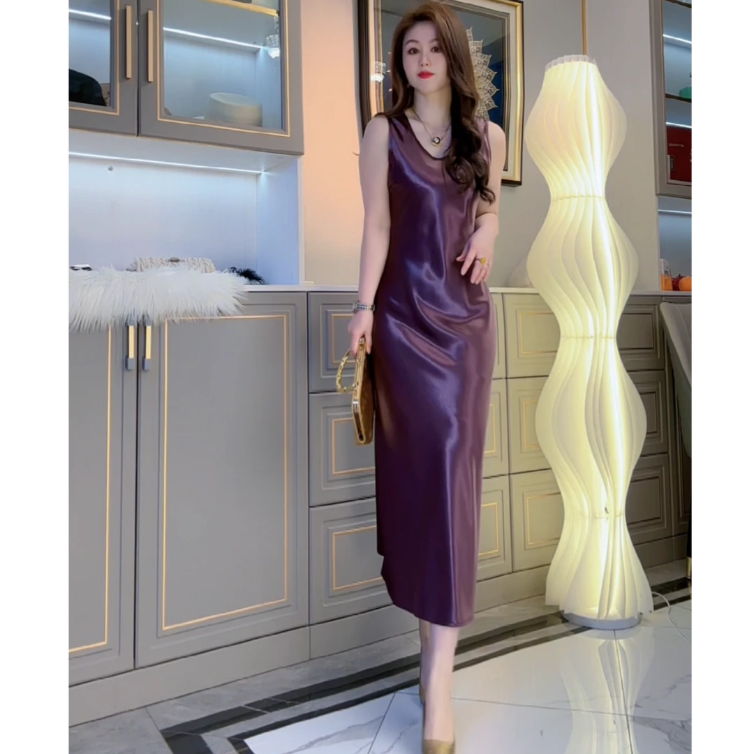 鎏光缎打底休闲背心裙通勤显瘦气质轻奢时尚性感夏季中长款8502