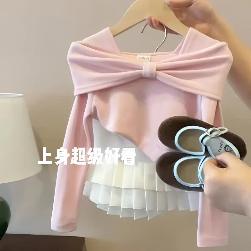 女童春款套装2025新款韩系女孩蝴蝶结衣服儿童洋气半身裙两件套潮