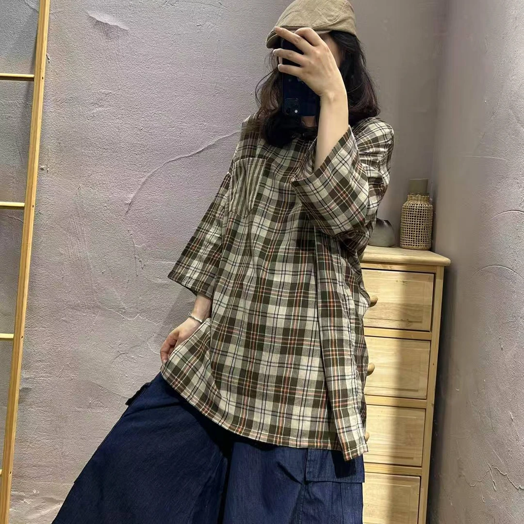 【半奏】夏季新款拼接格子衬衫内里条纹长袖时尚上衣 衣长76