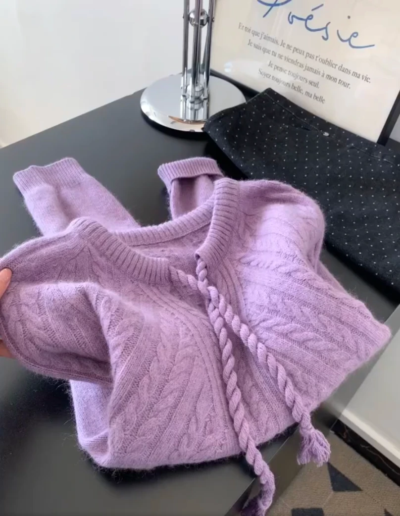 香芋紫色领口绑带设计毛衣女秋冬韩版气质宽松时尚加厚百搭针织衫