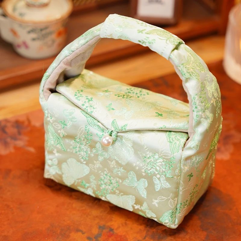 磐皿｜直播链接-织锦蝶舞-茶事包-果绿-9-9-16中式复古茶包茶具