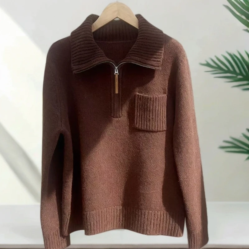 【温织疏影】女士简约秋冬款高领翻领两穿半拉链全羊毛针织衫