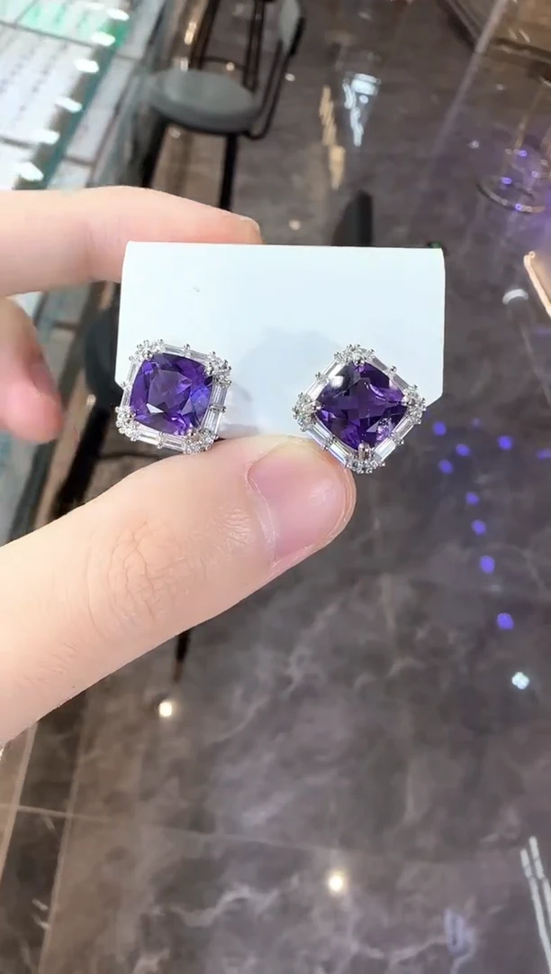银S925镶嵌耳饰紫晶10mm帝王紫耳钉