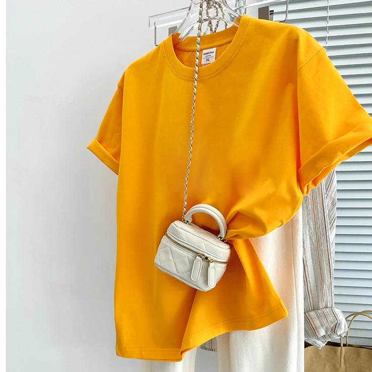 姜黄色纯棉圆领短袖正肩T恤女2025年夏季新款设计感小众宽松上衣